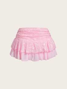 Sweetina Ultra Low Waist Lace Mesh Double Layer Pleated Tie Up High Slit Women Skirt Summer - Baby Pink - View 4