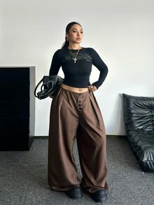 POPSWAY Plus Size Fashion Commuter Solid Color Wide Leg Pants Fall - Brown - View 5