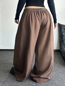 POPSWAY Plus Size Fashion Commuter Solid Color Wide Leg Pants Fall - Brown - View 2