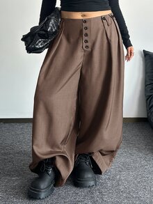 POPSWAY Plus Size Fashion Commuter Solid Color Wide Leg Pants Fall - Brown - View 1