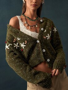 Bohemela Embroidery Floral Pattern Button Front Cardigan Brunch Tea Party Dark Green Fall Cottagecore Retro Vintage - Army Green - View 11