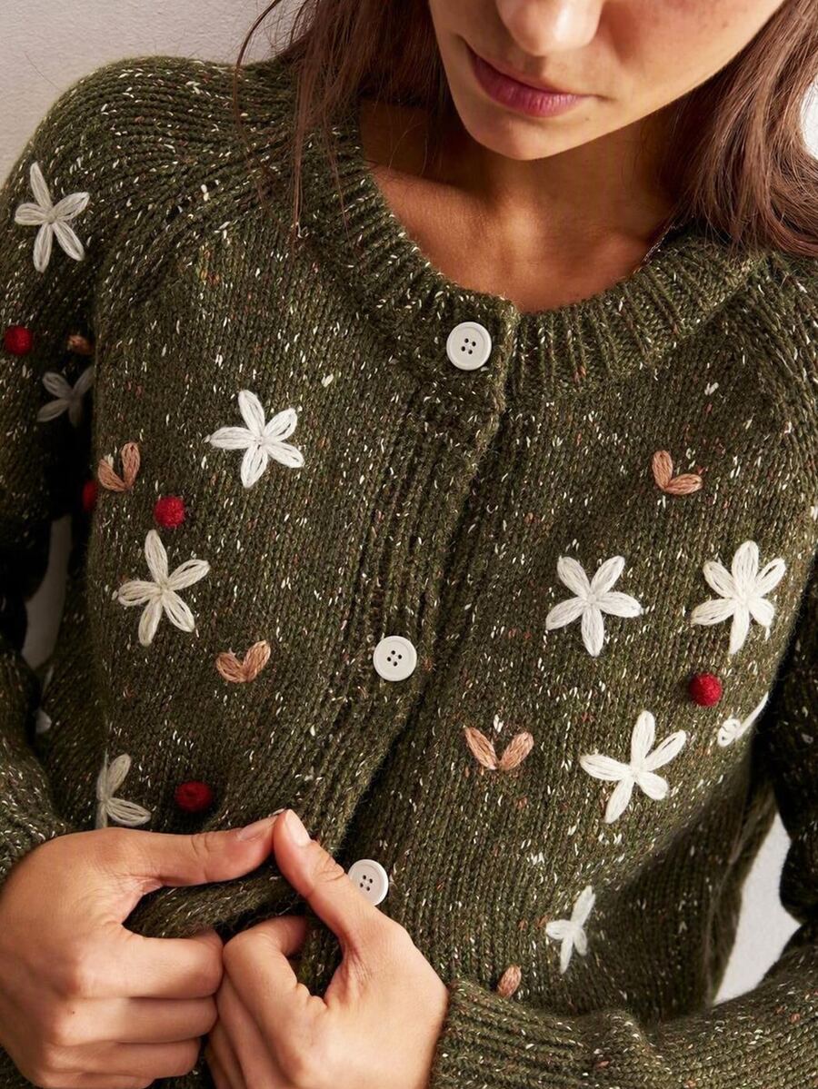 Bohemela Embroidery Floral Pattern Button Front Cardigan Brunch Tea Party Dark Green Fall Cottagecore Retro Vintage - Army Green - View 1