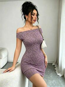 SHEIN Raffinéa [Printed Design] Women's Lace Printed Off-Shoulder Fitted Fashion Elegant Sexy Short Dress Party Purple Summer - Purple - View 5