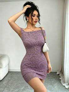 SHEIN Raffinéa [Printed Design] Women's Lace Printed Off-Shoulder Fitted Fashion Elegant Sexy Short Dress Party Purple Summer - Purple - View 6