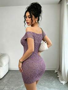 SHEIN Raffinéa [Printed Design] Women's Lace Printed Off-Shoulder Fitted Fashion Elegant Sexy Short Dress Party Purple Summer - Purple - View 4