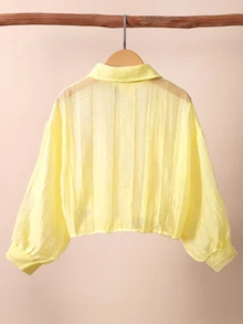 SHEIN Irls' White Collared Drop-Shoulder 3/4 Sleeve Shirt Preppy Style Versatile For School Casual Spring Summer, Fall, Fall Tops - Yellow - View 3