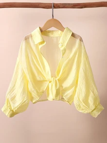 SHEIN Irls' White Collared Drop-Shoulder 3/4 Sleeve Shirt Preppy Style Versatile For School Casual Spring Summer, Fall, Fall Tops - Yellow - View 4