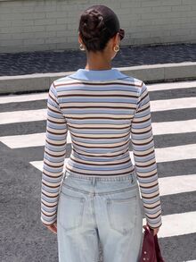 Muchica Autumn New Women's Vintage Preppy Style Striped Color Block Polo Collar Long Sleeve Ruched Waist T-Shirt - White - View 2