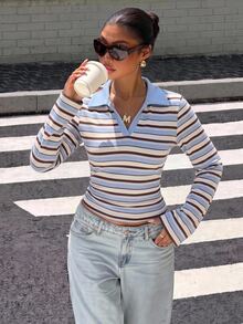 Muchica Autumn New Women's Vintage Preppy Style Striped Color Block Polo Collar Long Sleeve Ruched Waist T-Shirt - White - View 6
