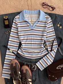 Muchica Autumn New Women's Vintage Preppy Style Striped Color Block Polo Collar Long Sleeve Ruched Waist T-Shirt - White - View 1