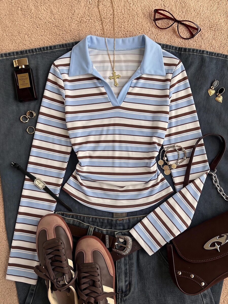 Muchica Autumn New Women's Vintage Preppy Style Striped Color Block Polo Collar Long Sleeve Ruched Waist T-Shirt - White - View 1