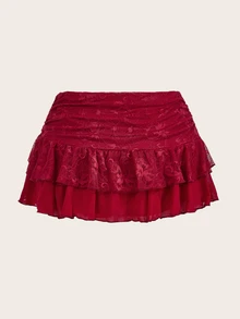 Sweetina Extra Low-Rise Lace Mesh Pleated Tie-Up High Slit Women's Mini Skirt - Burgundy - View 3