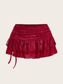 Sweetina Extra Low-Rise Lace Mesh Pleated Tie-Up High Slit Women's Mini Skirt - Burgundy - View 2