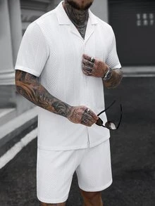 SLATEMANN Men's Solid Color Jacquard Short Sleeve Shirt And Shorts Set Men White Two Pieces Casual Sets 2 Outfits Co Ord Summer Piece Mens - White - View 3