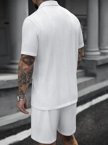 SLATEMANN Men's Solid Color Jacquard Short Sleeve Shirt And Shorts Set Men White Two Pieces Casual Sets 2 Outfits Co Ord Summer Piece Mens - White - View 4