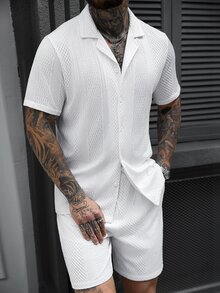 SLATEMANN Men's Solid Color Jacquard Short Sleeve Shirt And Shorts Set Men White Two Pieces Casual Sets 2 Outfits Co Ord Summer Piece Mens - White - View 5