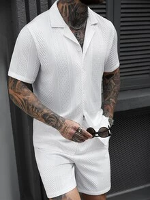 SLATEMANN Men's Solid Color Jacquard Short Sleeve Shirt And Shorts Set Men White Two Pieces Casual Sets 2 Outfits Co Ord Summer Piece Mens - White - View 6