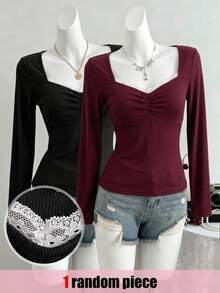 SHEIN Teen Girl Teen Girls Contrast Lace Trim Ribbed Long Sleeve Burgundy Top - Burgundy - View 4