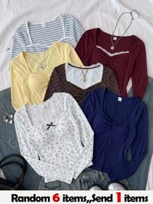 SHEIN Teen Girl Teen Girls Contrast Lace Trim Ribbed Long Sleeve Burgundy Top - Burgundy - View 2