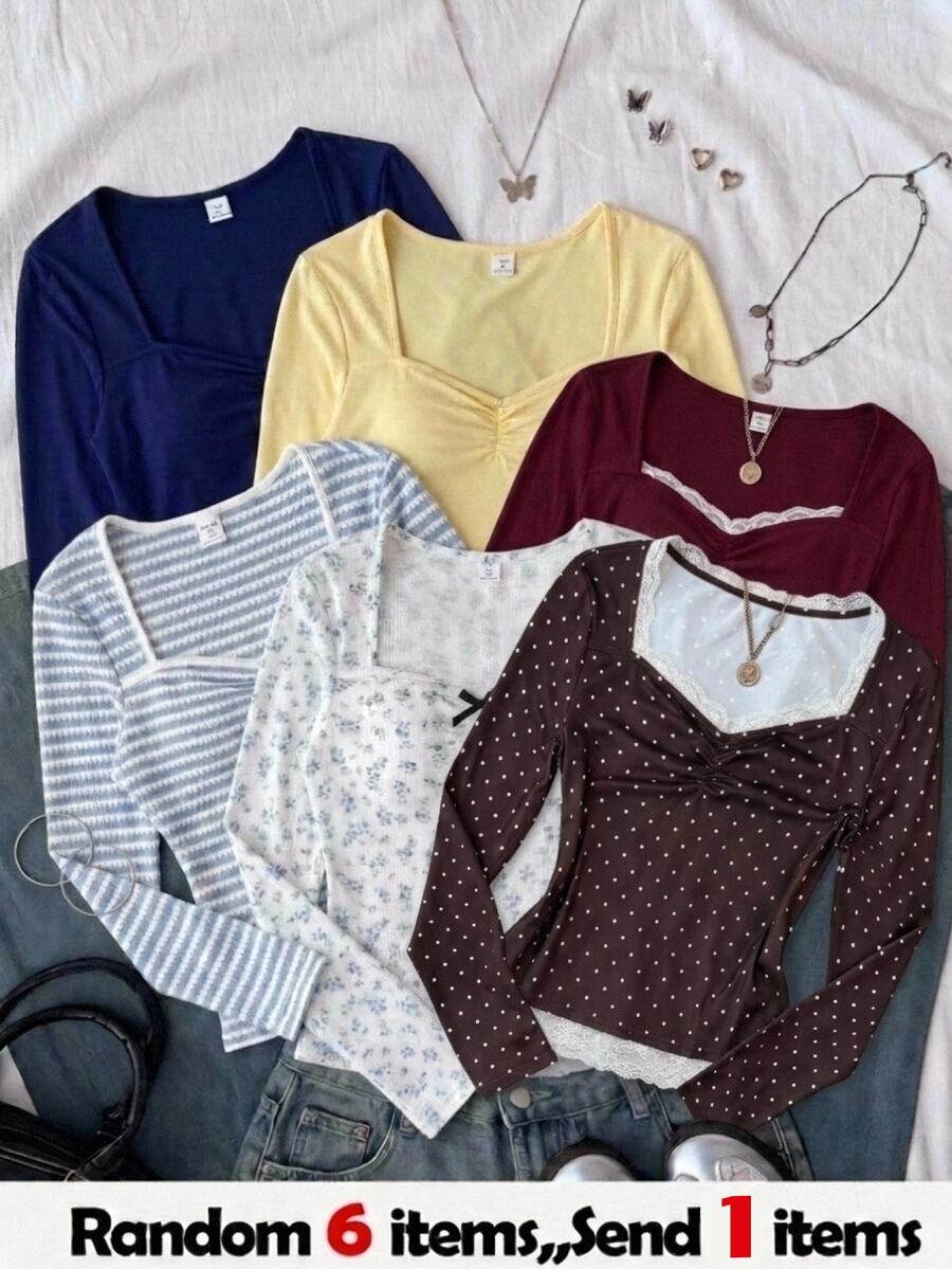 SHEIN Teen Girl Teen Girls Contrast Lace Trim Ribbed Long Sleeve Burgundy Top - Burgundy - View 1