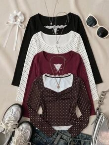 SHEIN Teen Girl Teen Girls Contrast Lace Trim Ribbed Long Sleeve Burgundy Top - Burgundy - View 3