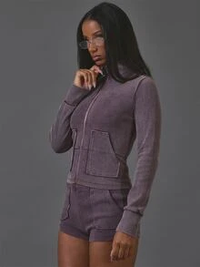 MUSERA Purple Ribbed High Neck Zip Up Long Sleeve Jakcet And Pocket Detail Micro Mini Shorts Sold As Set - Purple - View 3