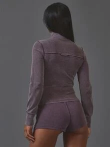 MUSERA Purple Ribbed High Neck Zip Up Long Sleeve Jakcet And Pocket Detail Micro Mini Shorts Sold As Set - Purple - View 4