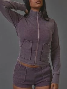 MUSERA Purple Ribbed High Neck Zip Up Long Sleeve Jakcet And Pocket Detail Micro Mini Shorts Sold As Set - Purple - View 5