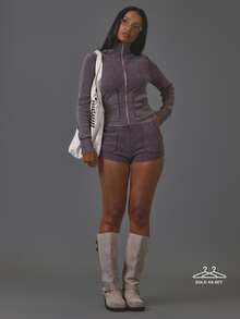 MUSERA Purple Ribbed High Neck Zip Up Long Sleeve Jakcet And Pocket Detail Micro Mini Shorts Sold As Set - Purple - View 1