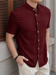 Mainfolk Men's Solid Color Short Sleeve Single Breasted Woven Casual Shirt, Homme, Slim Fit