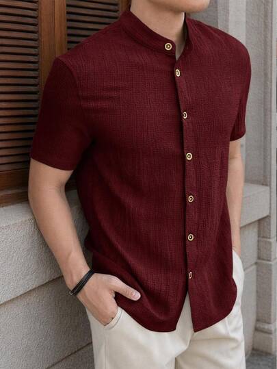 Mainfolk Men's Solid Color Short Sleeve Single Breasted Woven Casual Shirt, Homme, Slim Fit