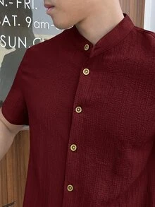 Mainfolk Men's Solid Color Short Sleeve Single Breasted Woven Casual Shirt, Homme, Slim Fit - Burgundy - View 5