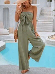 Vivid Eden Women's Summer Solid Color Halter Wide-Leg Jumpsuit With Front Knot And Open Back Design For Vacation - Green - View 6