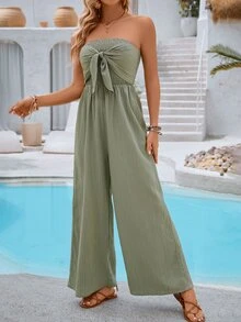 Vivid Eden Women's Summer Solid Color Halter Wide-Leg Jumpsuit With Front Knot And Open Back Design For Vacation - Green - View 4
