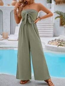 Vivid Eden Women's Summer Solid Color Halter Wide-Leg Jumpsuit With Front Knot And Open Back Design For Vacation - Green - View 7