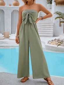 Vivid Eden Women's Summer Solid Color Halter Wide-Leg Jumpsuit With Front Knot And Open Back Design For Vacation - Green - View 3
