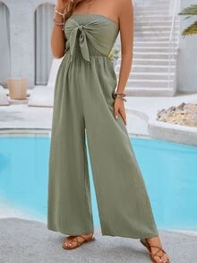 Vivid Eden Women's Summer Solid Color Halter Wide-Leg Jumpsuit With Front Knot And Open Back Design For Vacation - Green - View 5
