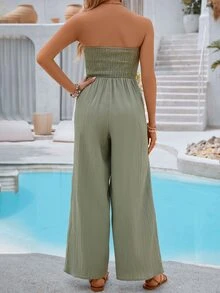 Vivid Eden Women's Summer Solid Color Halter Wide-Leg Jumpsuit With Front Knot And Open Back Design For Vacation - Green - View 2
