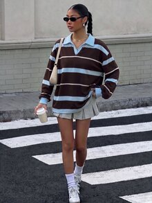 Muchica 女款拼色條紋休閒極簡學院風大尺碼翻領運動衫，適合秋冬穿著 - 彩色 - 查看 3