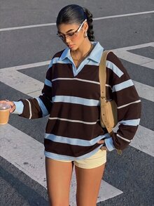 Muchica 女款拼色條紋休閒極簡學院風大尺碼翻領運動衫，適合秋冬穿著 - 彩色 - 查看 6