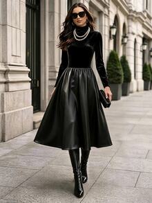 Balvessa Women's Elegant Solid Color Velvet Splice Satin Waist A-Line Dress Fall/Winter Multiple Occasions - Black - View 9