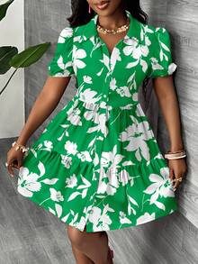 Veslaya Plus Size Floral Cut-Out Shadow Printed Summer Dress Suitable For Going Out - Green - View 3