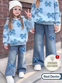 Elladie kids 女童藍色蝴蝶結印花連帽衛衣與藍色水洗牛仔褲2件套，套裝，秋季/冬季，返校季 - 藍色 - 查看 1