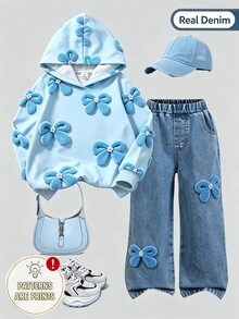 Elladie kids 女童藍色蝴蝶結印花連帽衛衣與藍色水洗牛仔褲2件套，套裝，秋季/冬季，返校季 - 藍色 - 查看 3