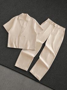 Mainfolk Men's Solid Color Short Sleeve Double-Breasted Shirt And Long Pants Casual Set Halloween Winter Party Autumn  - Apricot - View 2