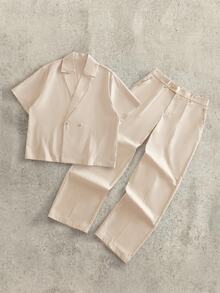 Mainfolk Men's Solid Color Short Sleeve Double-Breasted Shirt And Long Pants Casual Set Halloween Winter Party Autumn  - Apricot - View 6