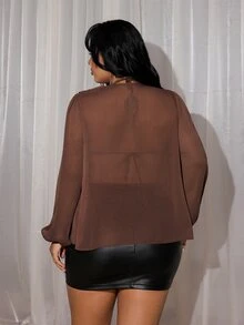 Rustia Plus Size Women's French Vintage Chiffon Blouse, Thin Loose Fit, Ruffle Collar, Long Sleeve, Versatile, Artistic Style, Ruffle Collar Lace Trim Blouse, Loose Slimming Ruffle Top, Lantern Sleeve Double Layer Ruffle Collar French Artistic Lady Blouse, Lace Ruffle Trim Daily Commute Date Versatile Blouse - Brown - View 2