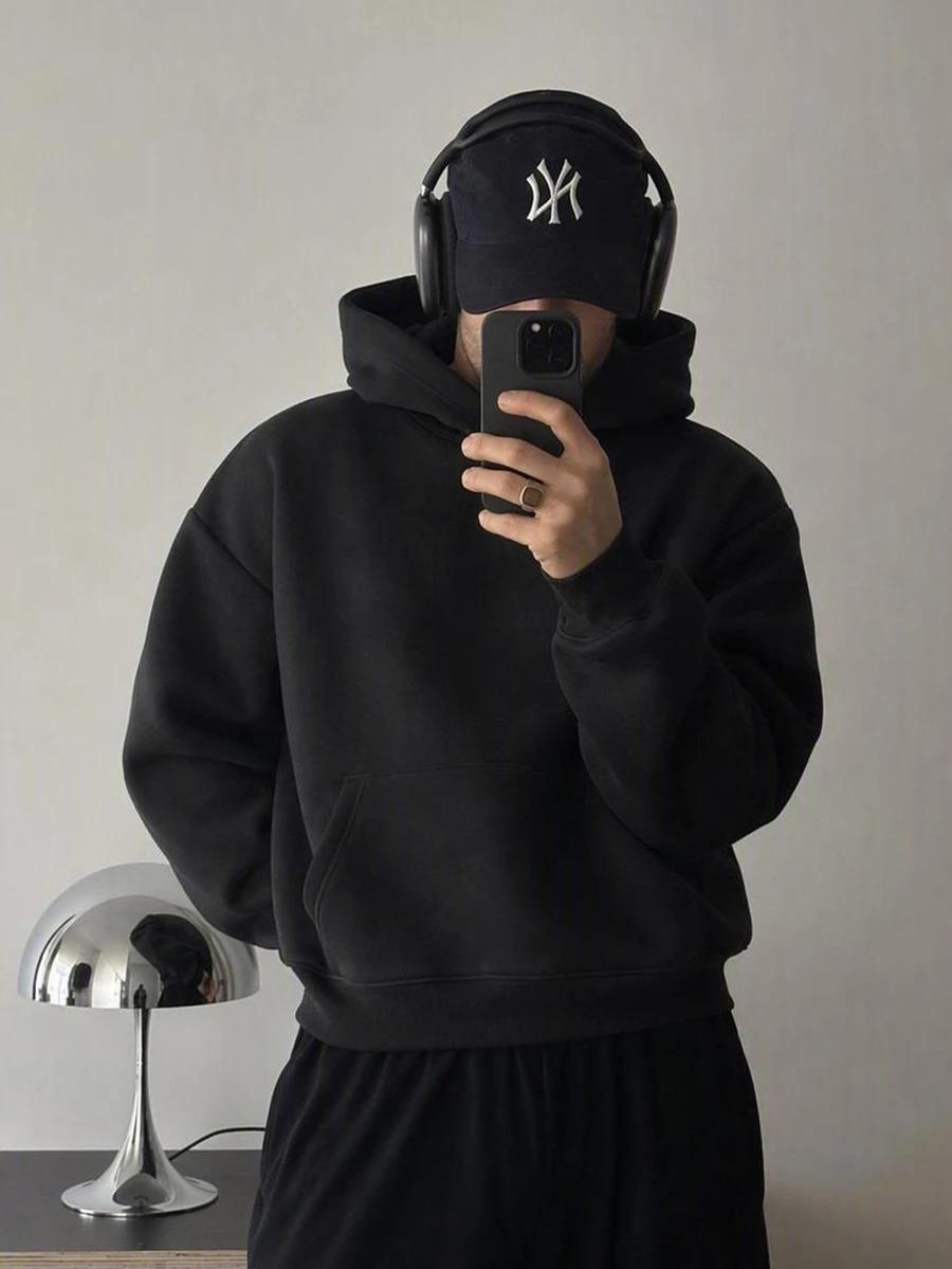 Mainfolk Men's Long Sleeve Pocket Hoodie Airport Black Autumn Streetwear Basic, Streetwear, Fleece, Casual Hooded Sweatshirt, Graphic Print Hoodie, Oversized Hoodie - Black - View 1