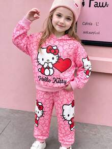 HELLO KITTY AND FRIENDS | SHEIN طقم من قطعتين للبنات الصغيرات: سويت شيرت بغطاء رأس وأكمام طويلة بنقشة قلب كرتونية وبنطال طويل بخصر مطاطي - متعدد الألوان - مشاهدة 1