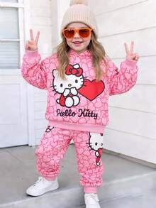 HELLO KITTY AND FRIENDS | SHEIN طقم من قطعتين للبنات الصغيرات: سويت شيرت بغطاء رأس وأكمام طويلة بنقشة قلب كرتونية وبنطال طويل بخصر مطاطي - متعدد الألوان - مشاهدة 3